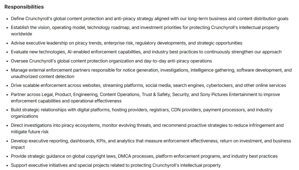Core responsibilities for Crunchyroll Vice President of Content Protection