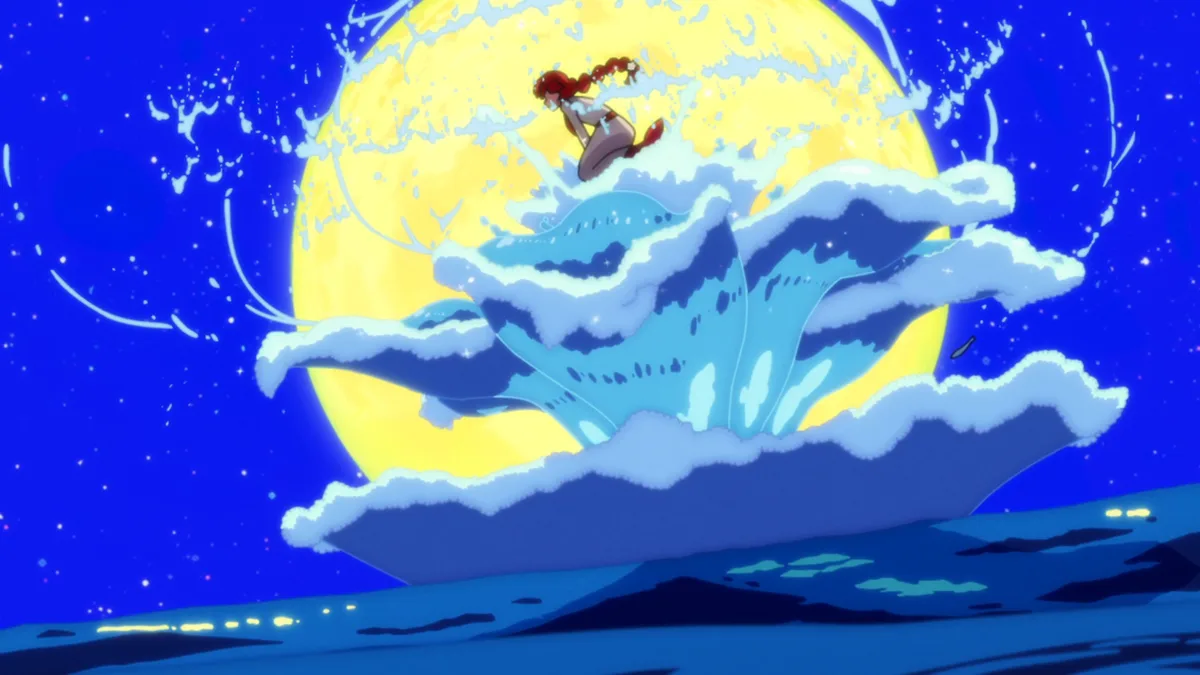goodbye lara screenshot of a girl riding a massive wave with a sharp yellow moon in the background