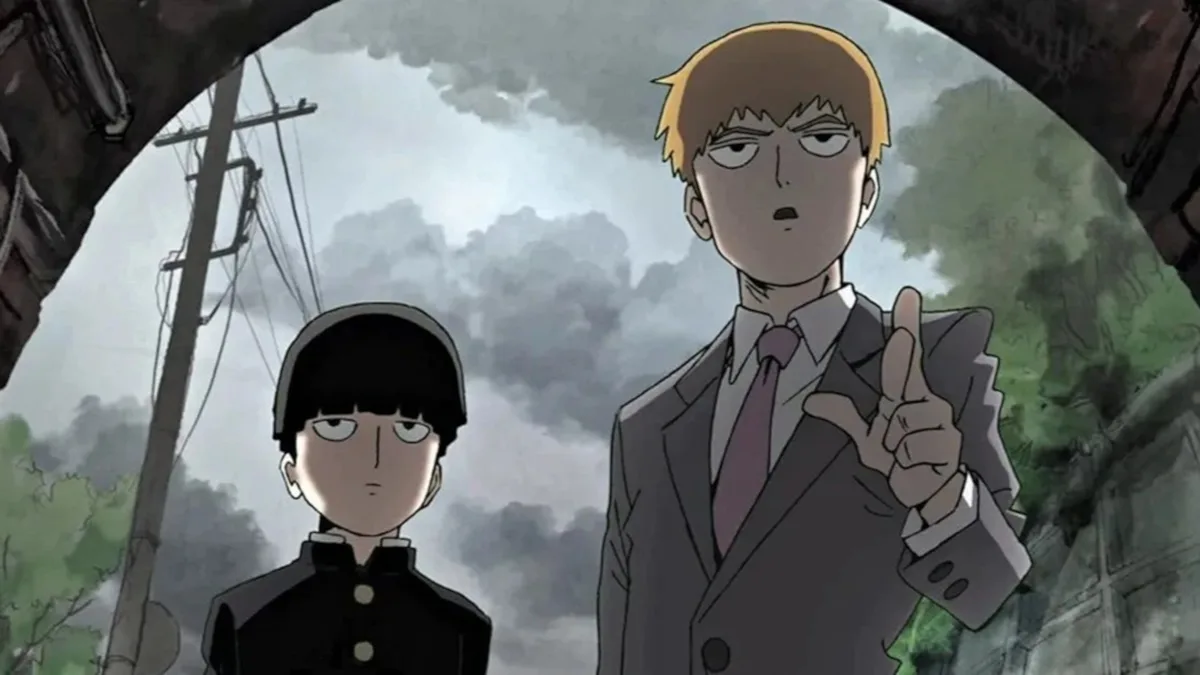 Shige and Reigen looking at something in Mob Psycho 100