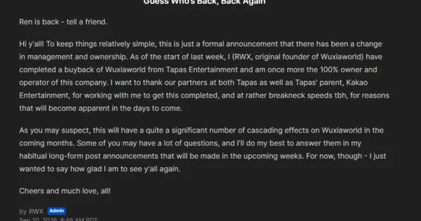 Wuxiaworld Founder Ren Buys Back Web Fiction Platform from Kakao Ahead of Tapas Shutdown