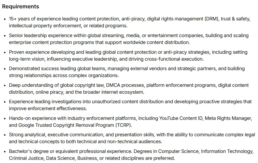 Requirements detailed in Crunchyroll anti-piracy recruitment listing